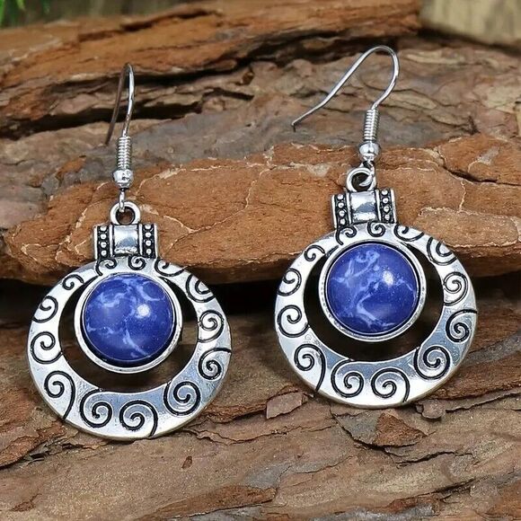 BOHO Style Tribal Earring and Necklace Set, Blue Stone - Picture 4 of 5